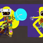 Whimsical yellow characters in space suits dancing on purple background