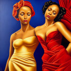 Two women in elegant dresses and headwraps on blue background