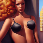 Illustration of woman with curly hair in black bikini top against architectural backdrop