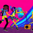 Vibrant dance battle illustration with diverse characters and graffiti backdrop