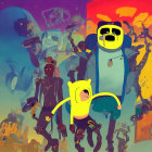 Colorful Sci-Fi Illustration Featuring Jake the Dog and Finn the Human with Robots and Futuristic Elements