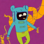 Blue Robot Character with Yellow Arms on Purple Background