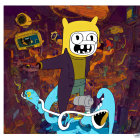 Vibrant illustration: Adventure Time characters in futuristic cityscape