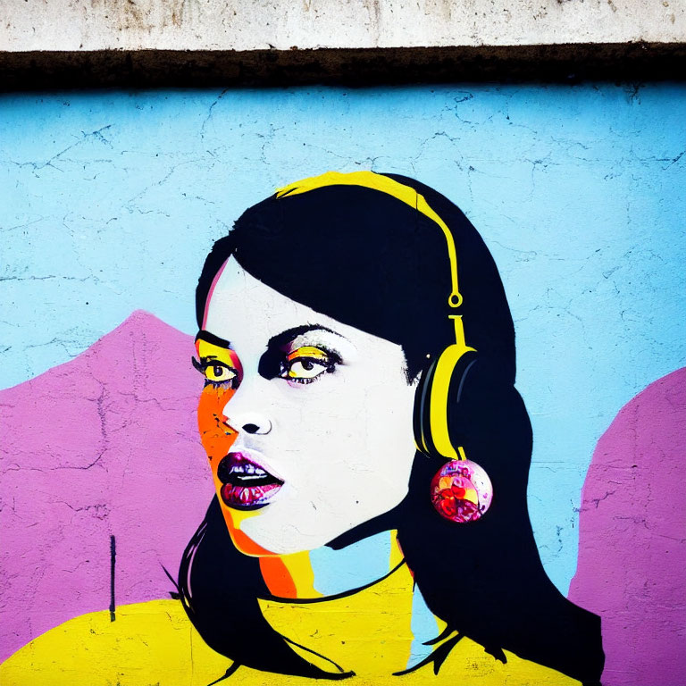 Vivid yellow, pink, and blue street art of a woman with headphones against a cracked wall