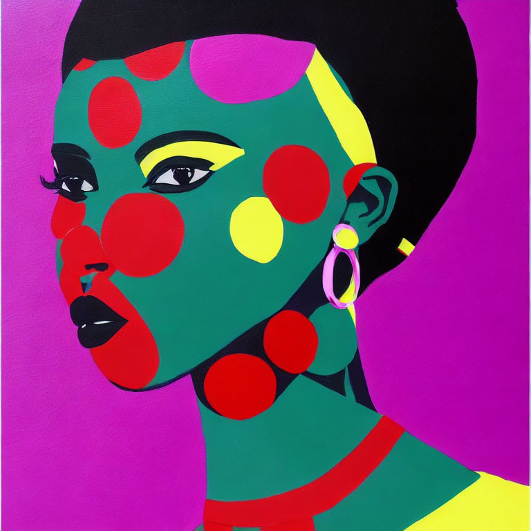 Vibrant portrait of woman with green skin and red polka dots