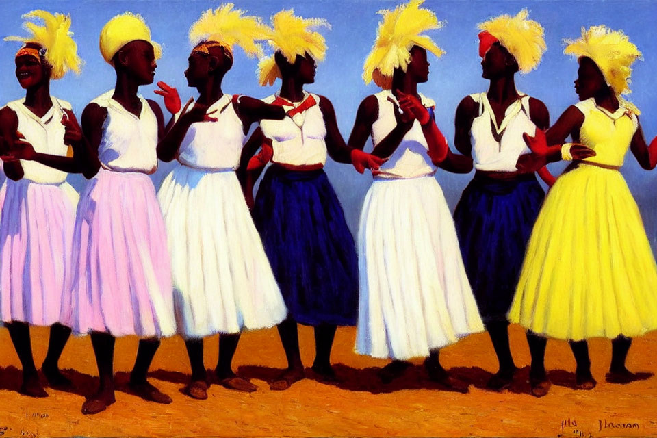 Group of seven women in colorful skirts and white tops with yellow headscarves against blue sky
