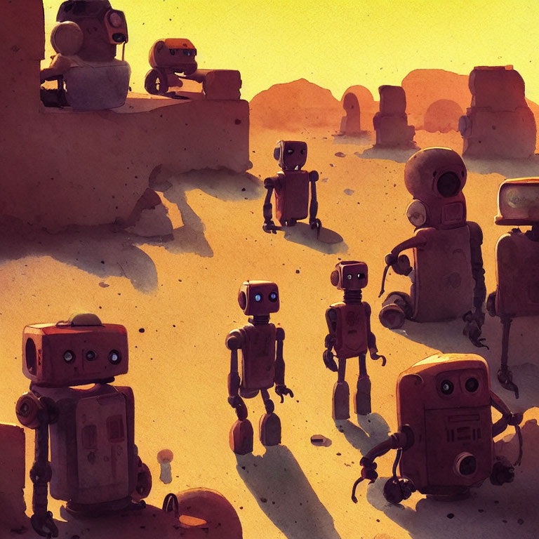 Whimsical robots in desert landscape with rock formations at golden hour