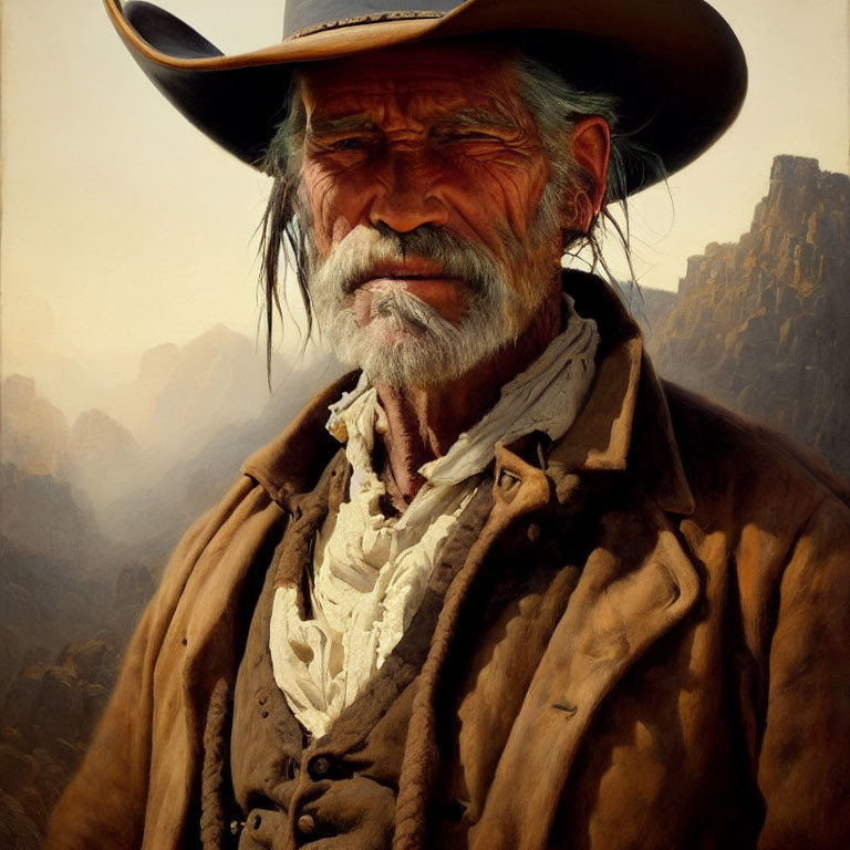 Elderly cowboy in wide-brimmed hat and brown coat against mountainous backdrop