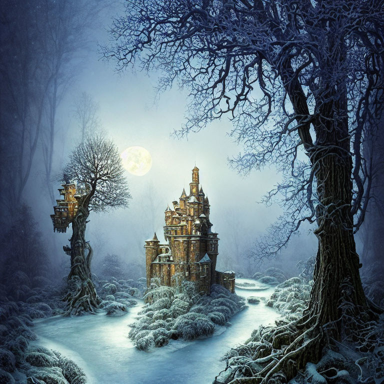 Snowy Moonlit Landscape with Majestic Castle and River