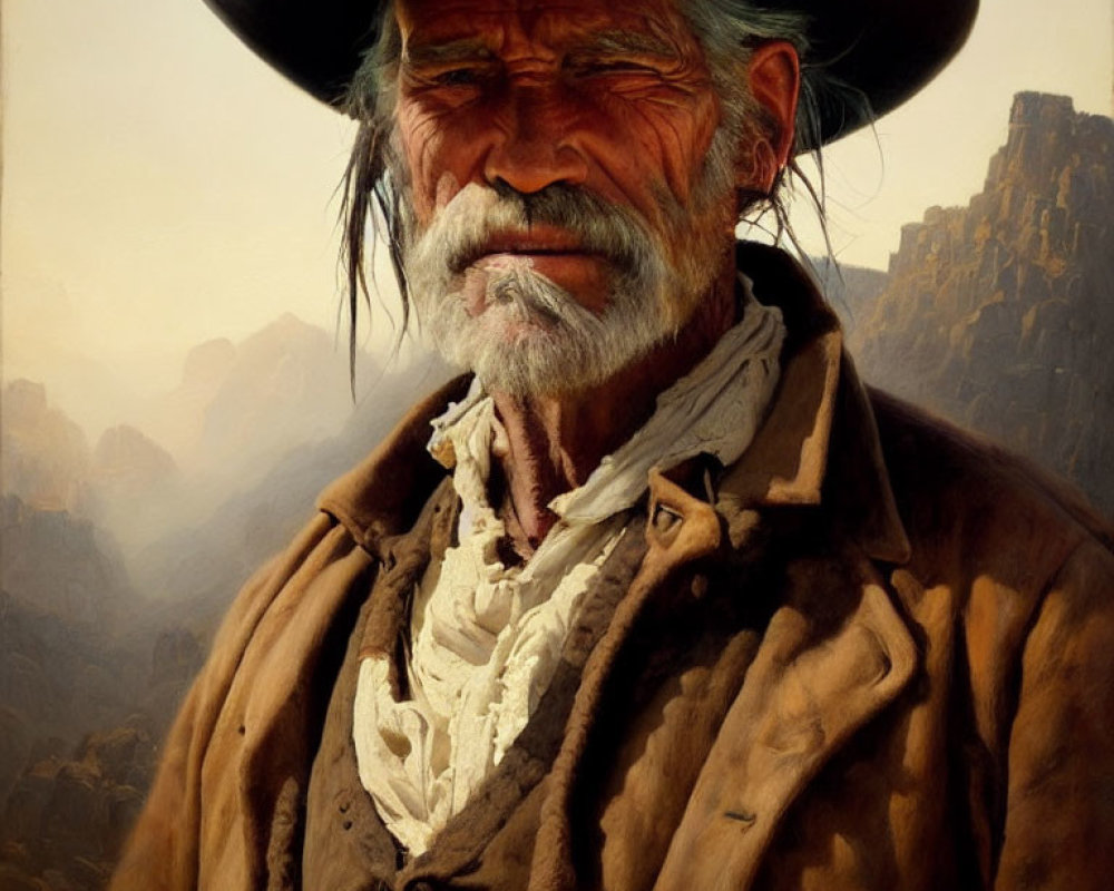 Elderly cowboy in wide-brimmed hat and brown coat against mountainous backdrop