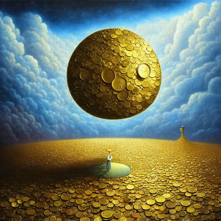 Surreal landscape featuring person under gold coin moon