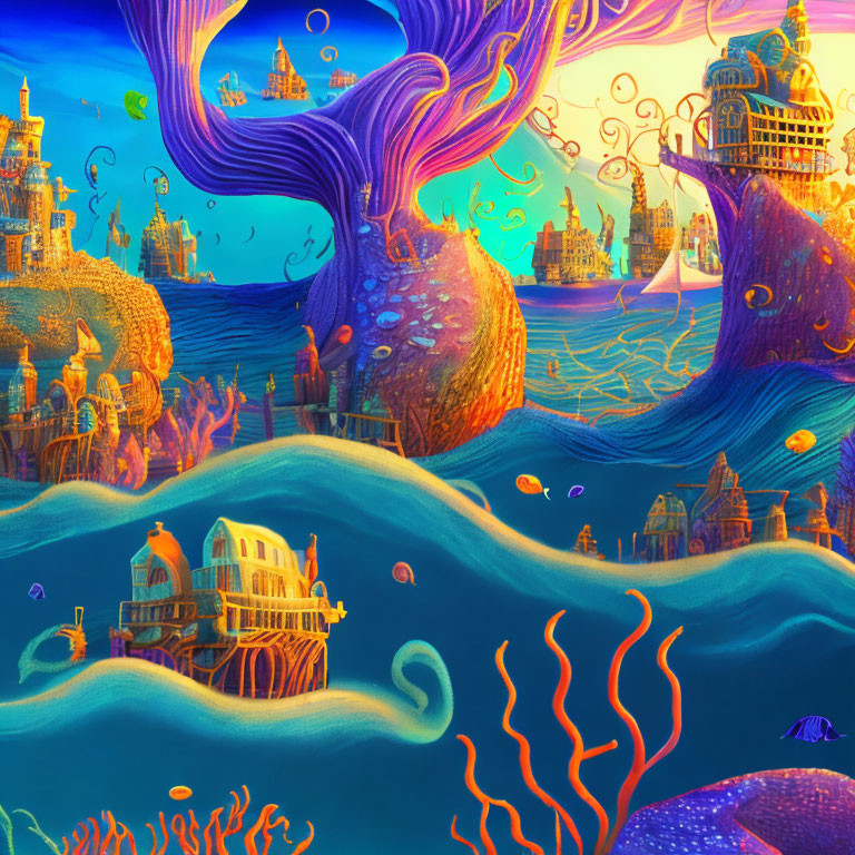 Fantastical seascape with whimsical tree-like structures on whale backs