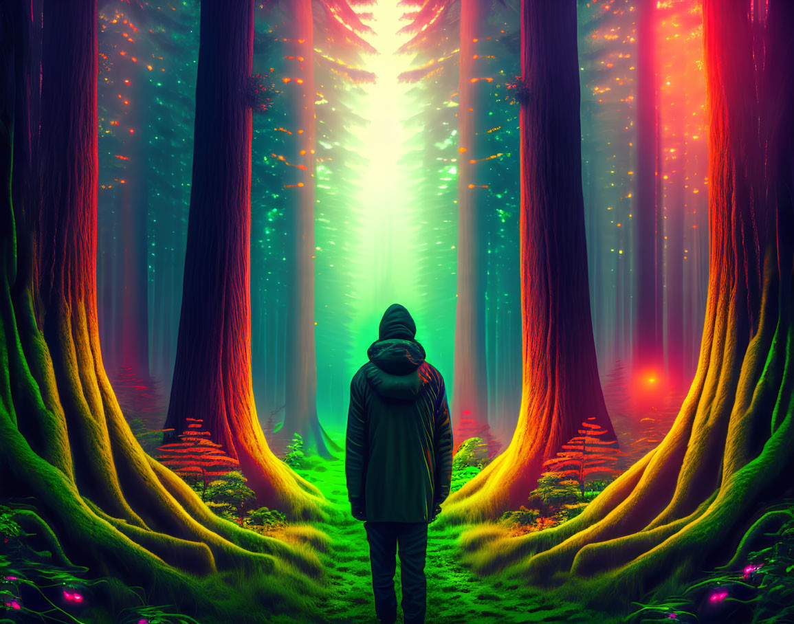 Person in vibrant fantasy forest with towering trees and mystical glow
