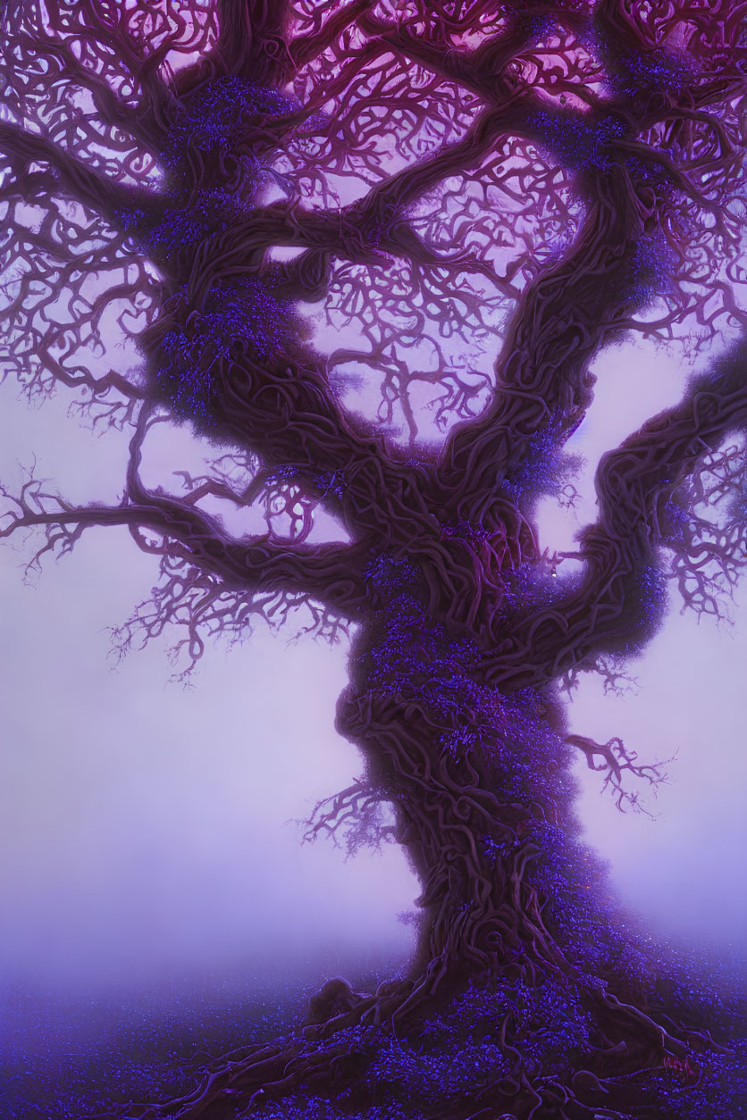 Ethereal purple tree with twisted branches in mystical foggy backdrop