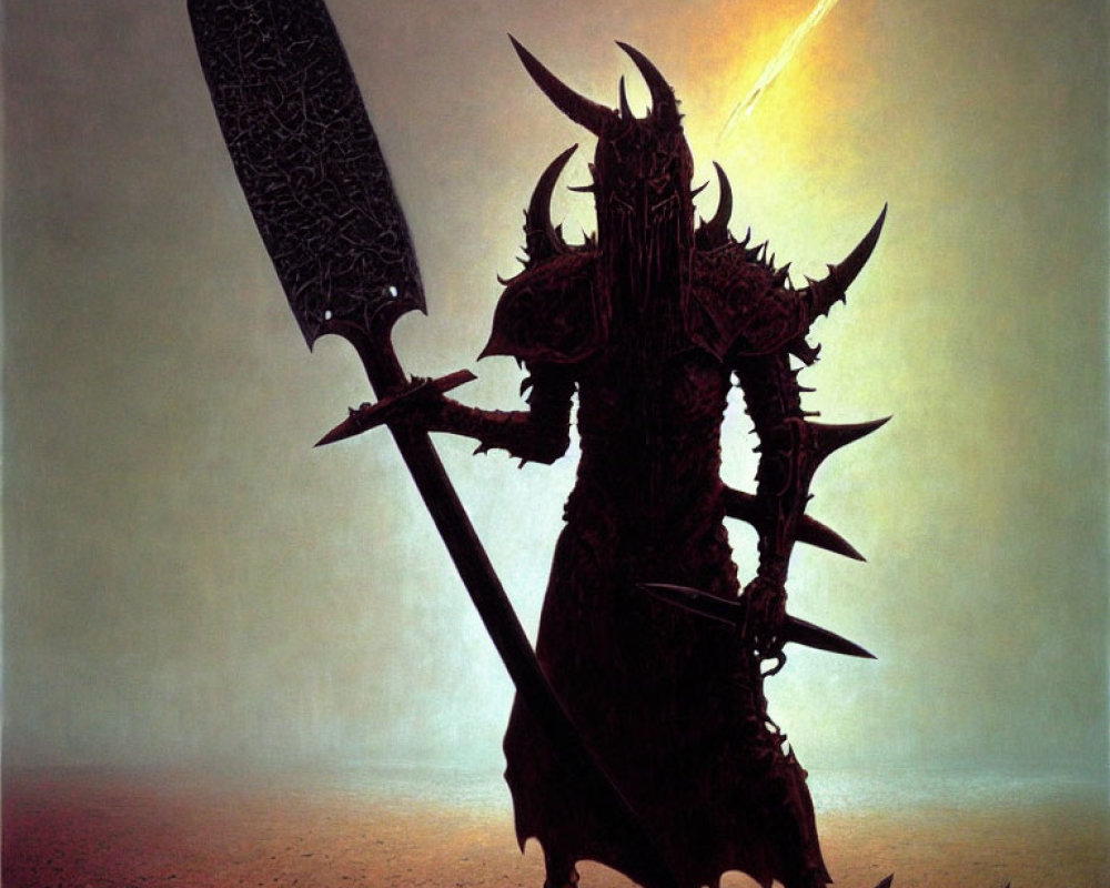 Armored figure with large sword against dusky sky and comet.