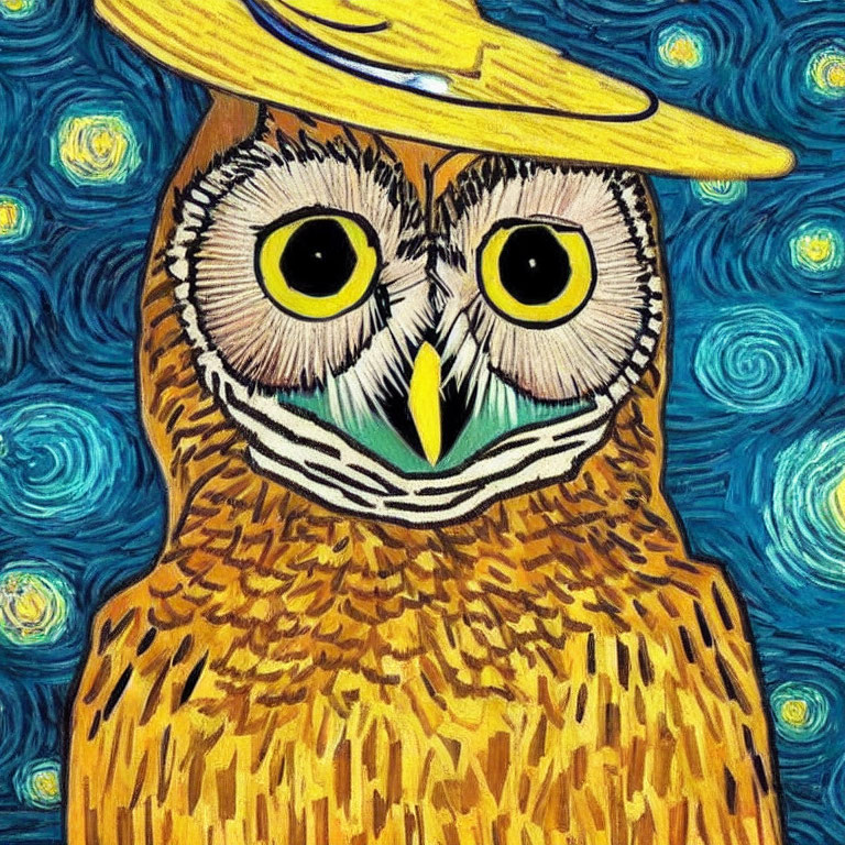 Post-Impressionist owl art with expressive eyes and Van Gogh style background