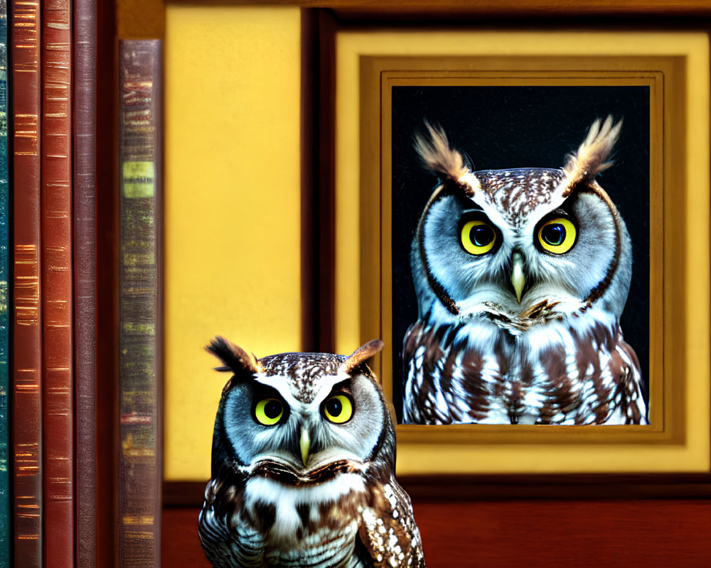 Realistic owl with picture frame, bookshelf on yellow background