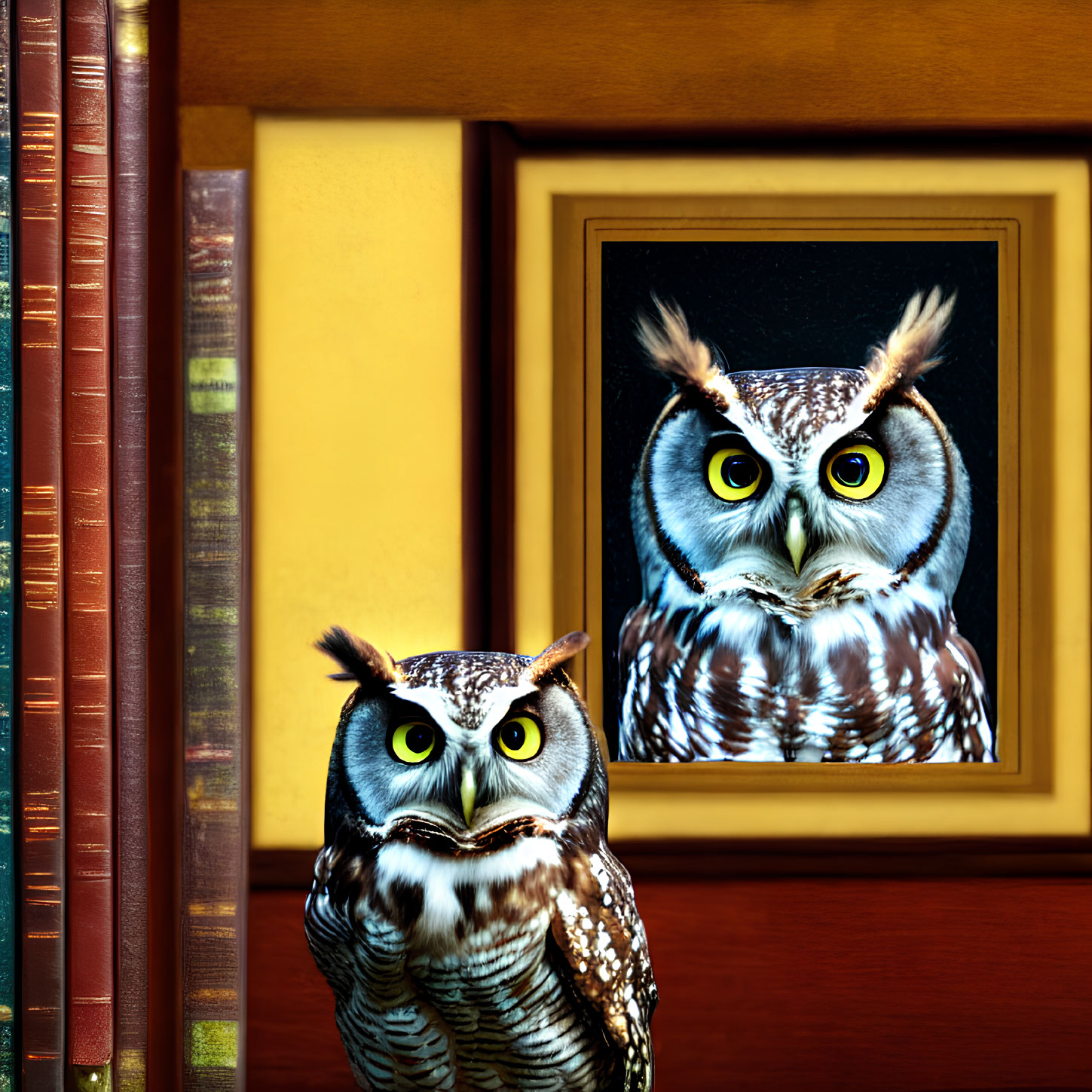 Realistic owl with picture frame, bookshelf on yellow background