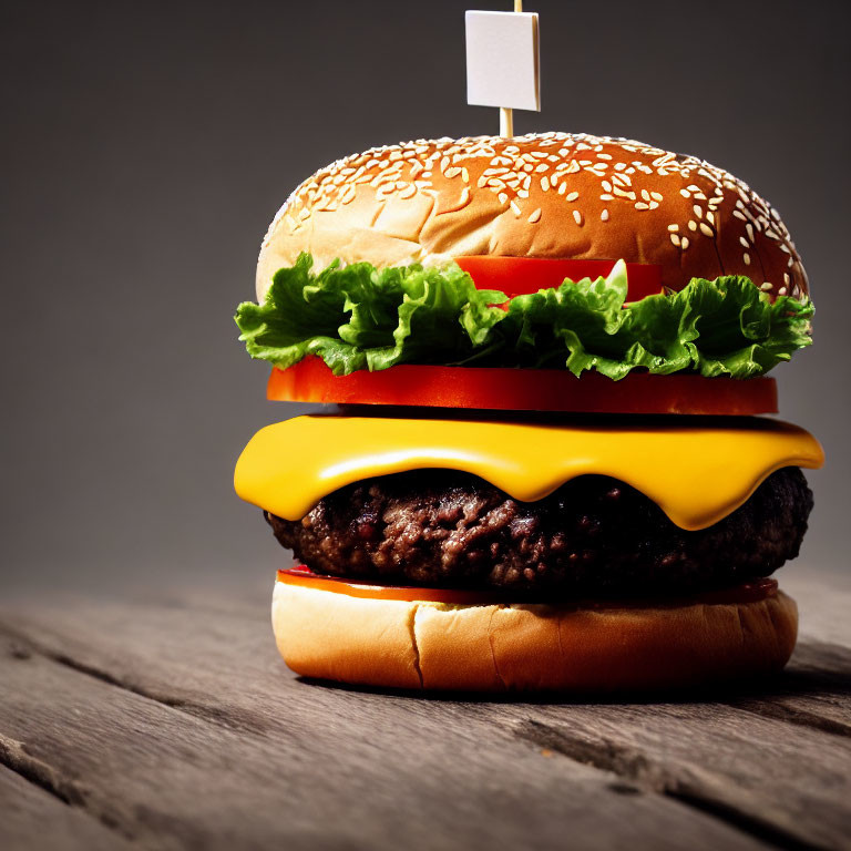 Sesame Bun Cheeseburger with Lettuce and Tomato on Wooden Surface