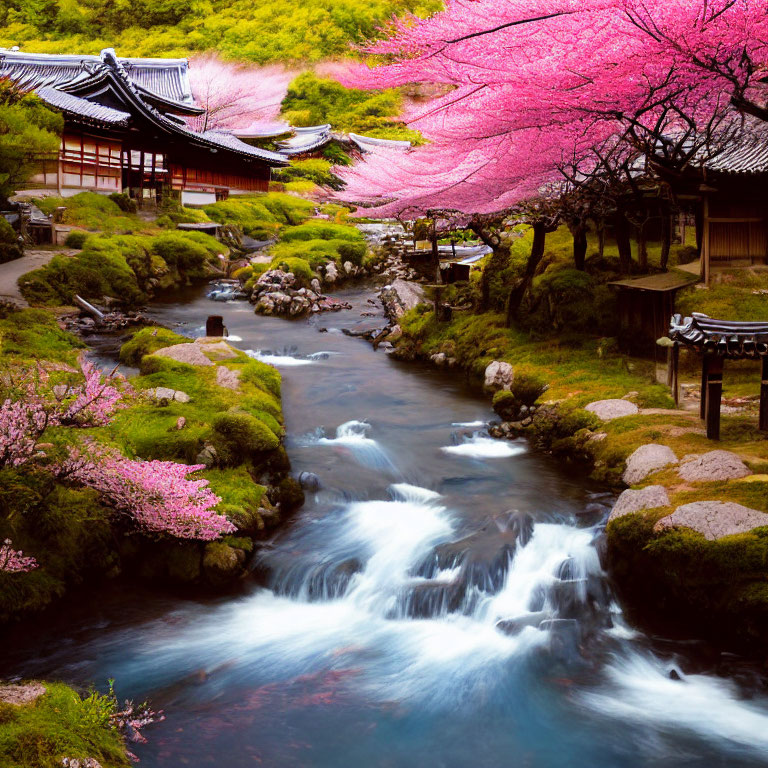 Tranquil Japanese landscape with cherry blossoms, river, and traditional architecture