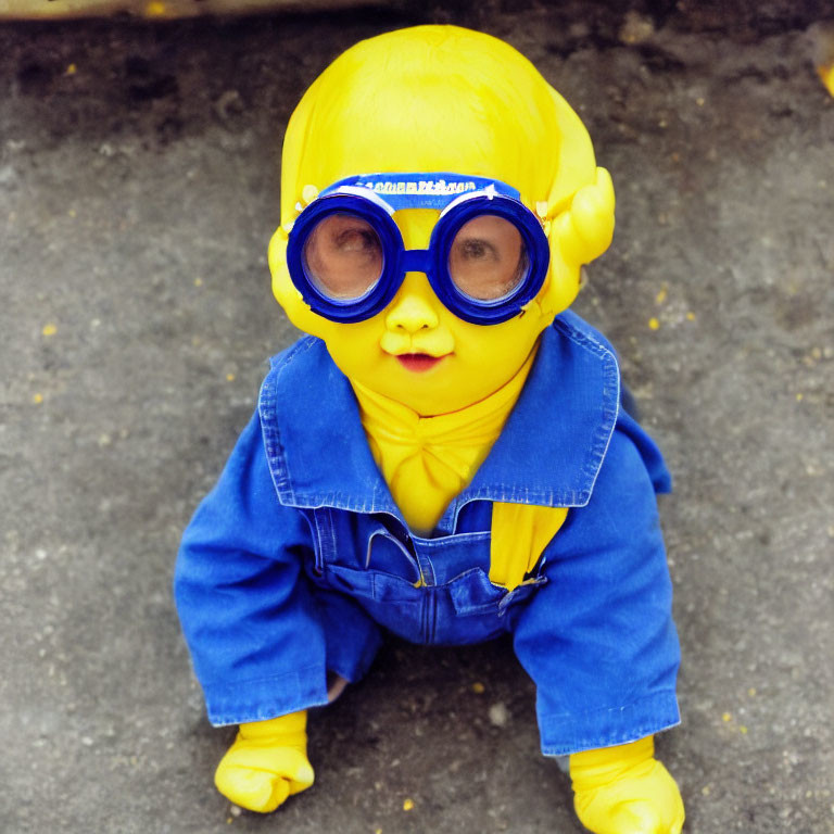 Baby with Yellow Skin in Blue Jumpsuit and Swim Cap on Tarmac