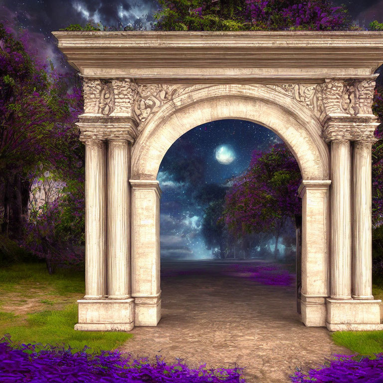 Ethereal moonlit night scene with ornate stone archway