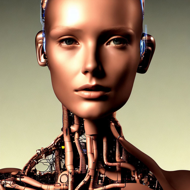 Female humanoid robot with metallic face, neck circuitry, and mechanical ears on beige background