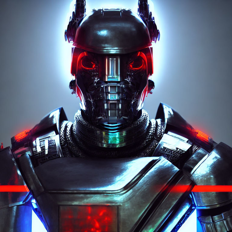 Menacing robotic figure with glowing red eye and intricate mechanical details.