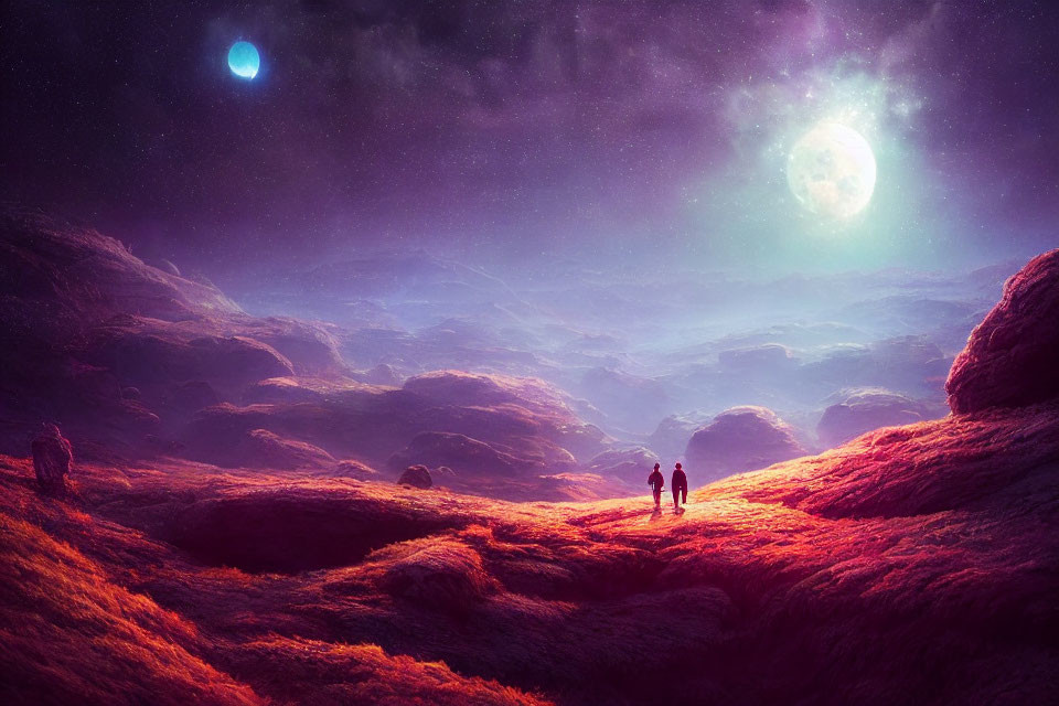 Vibrant alien landscape with two people under purple sky