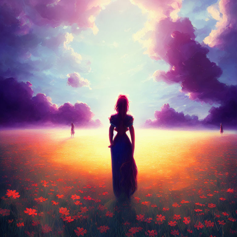 Woman in flower field under vibrant sunset sky with distant figures