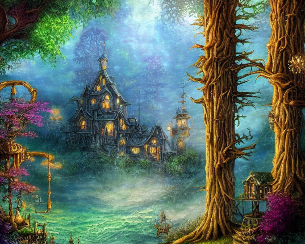 Whimsical cottage in enchanted forest with vibrant flora and serene river