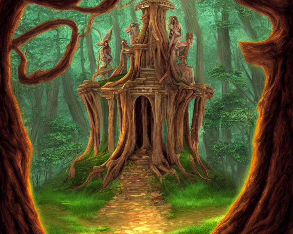 Mystical forest with illuminated pathways and ethereal figures
