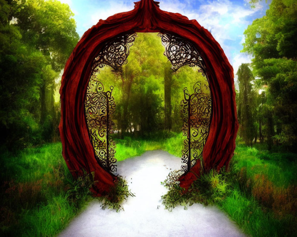 Red circular gate with intricate patterns in lush green forest