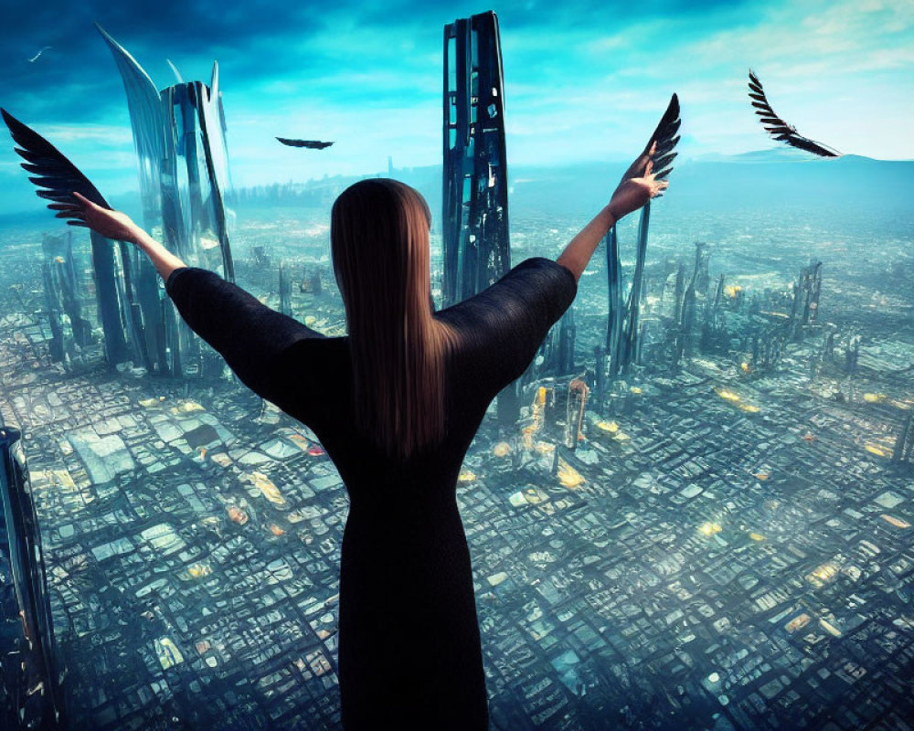 Woman overlooking futuristic cityscape with skyscrapers and flying vehicles at twilight