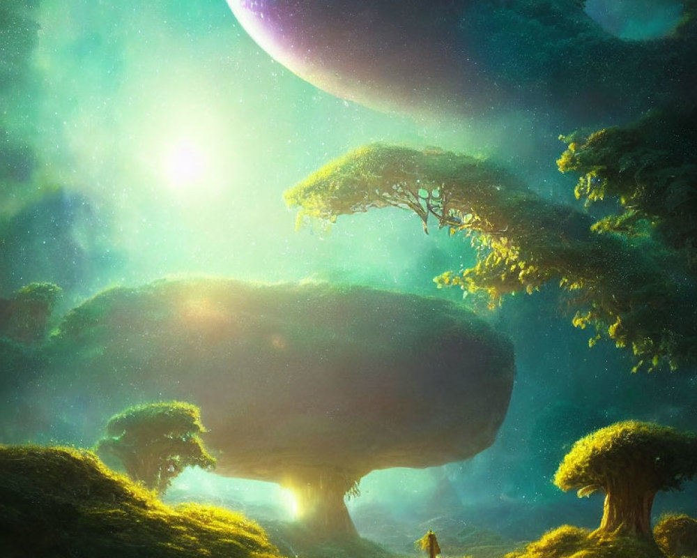Fantastical landscape with oversized mushroom-shaped trees and a lone figure under a sky with a large planet