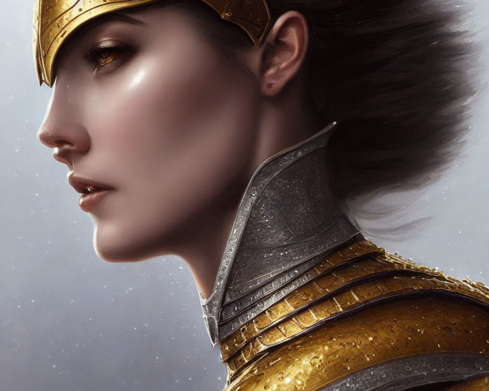 Profile view digital artwork: Woman in golden armor and helmet with realistic textures