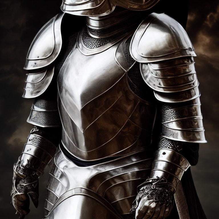 Detailed Shiny Medieval Plate Armor Against Dark Cloudy Backdrop