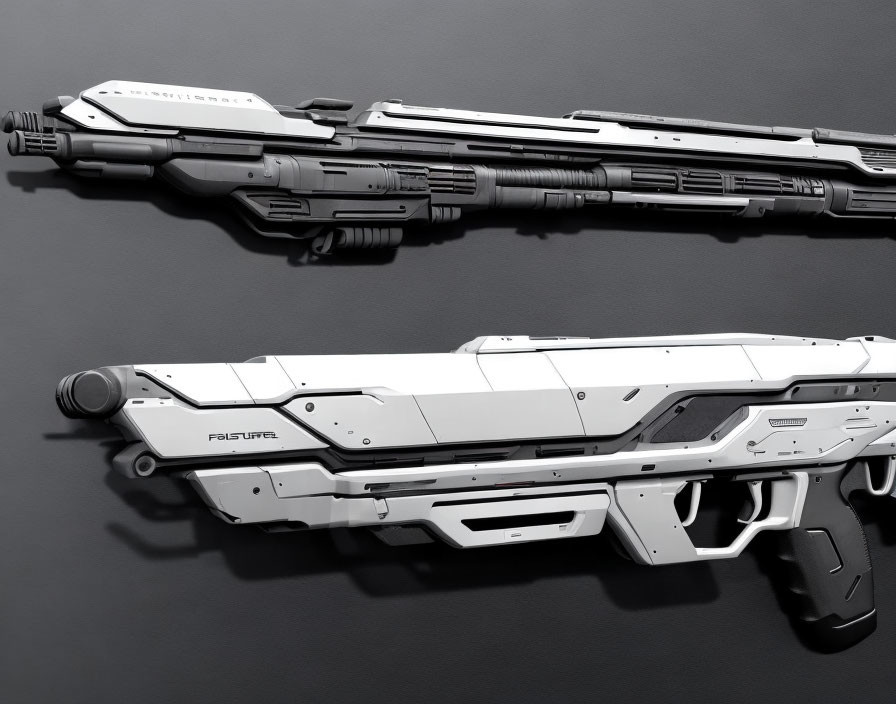 Futuristic black and white rifles on grey background