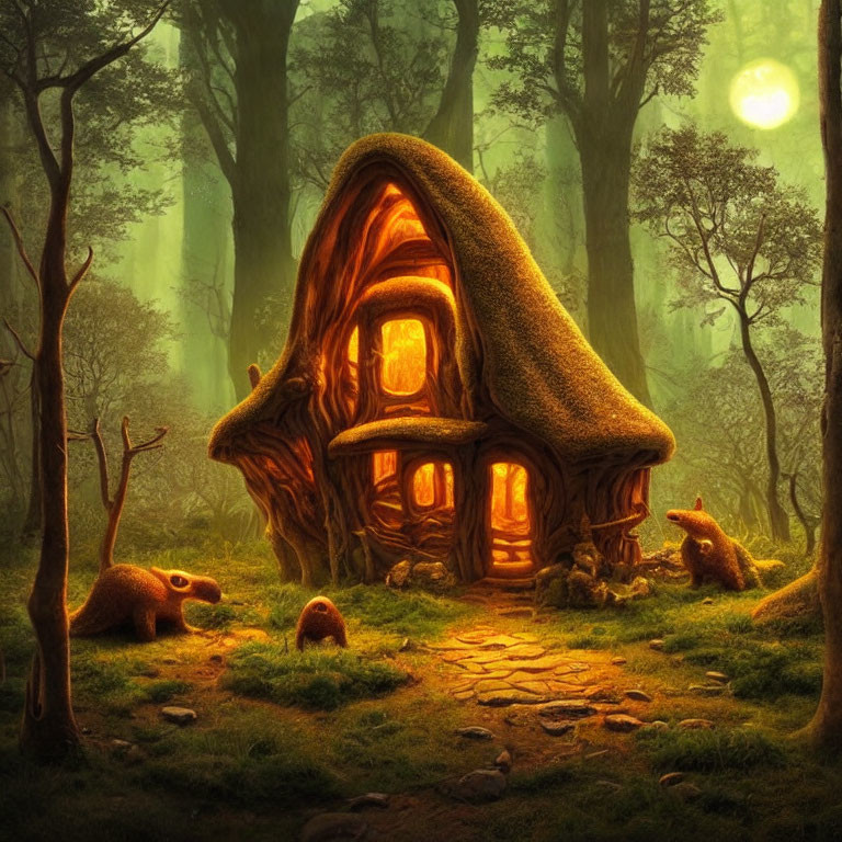 Enchanting forest scene with whimsical mushroom house and playful creatures