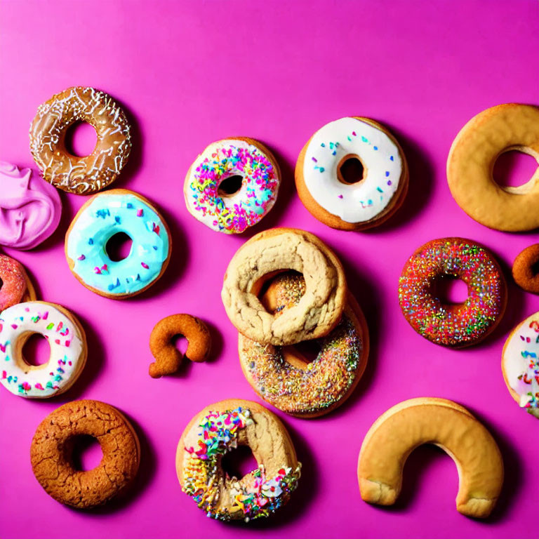 Colorful Decorated Doughnuts and Cookies on Pink Background