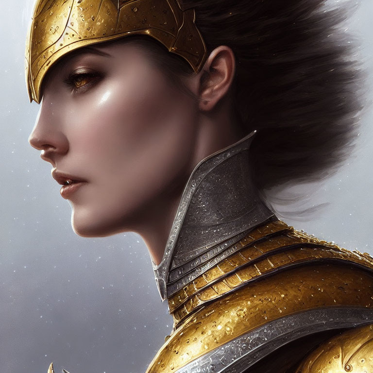 Profile view digital artwork: Woman in golden armor and helmet with realistic textures