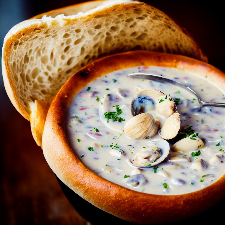 Creamy clam chowder in bread bowl with whole clams and herbs on wooden surface
