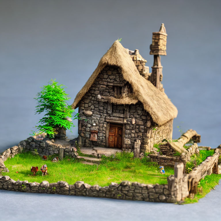 Miniature fantasy cottage with thatched roof in lush green setting