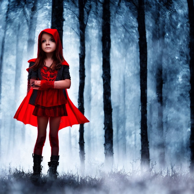 Young girl in Red Riding Hood costume in misty forest.