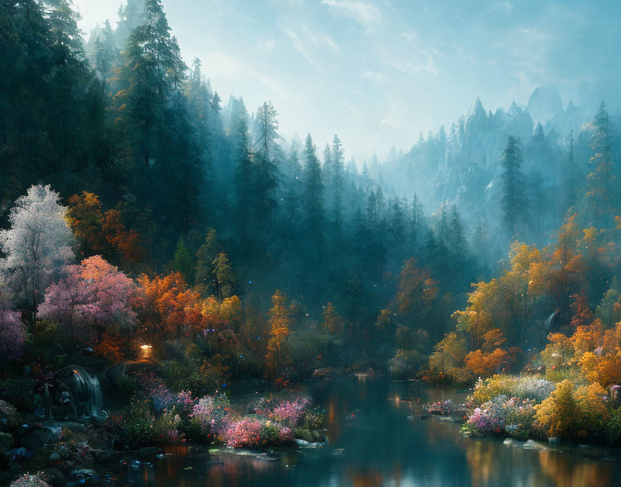 Tranquil forest scene with autumn colors, river, sunlight, and mountains