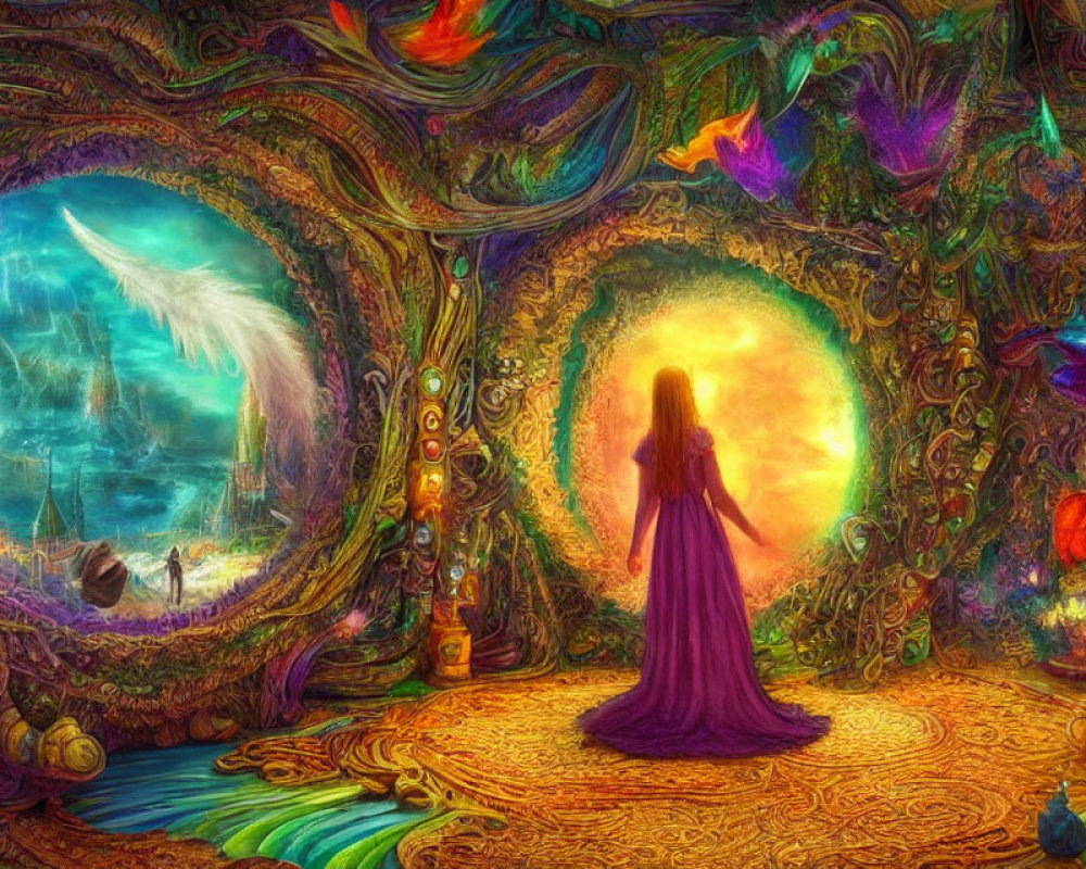 Person in purple robe between mystical aquatic and fiery portals with vibrant patterns