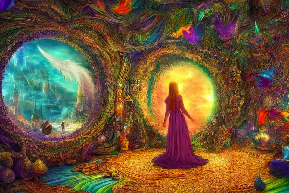 Person in purple robe between mystical aquatic and fiery portals with vibrant patterns