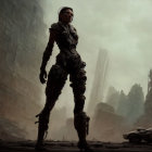 Futuristic female warrior in advanced armor in dystopian cityscape