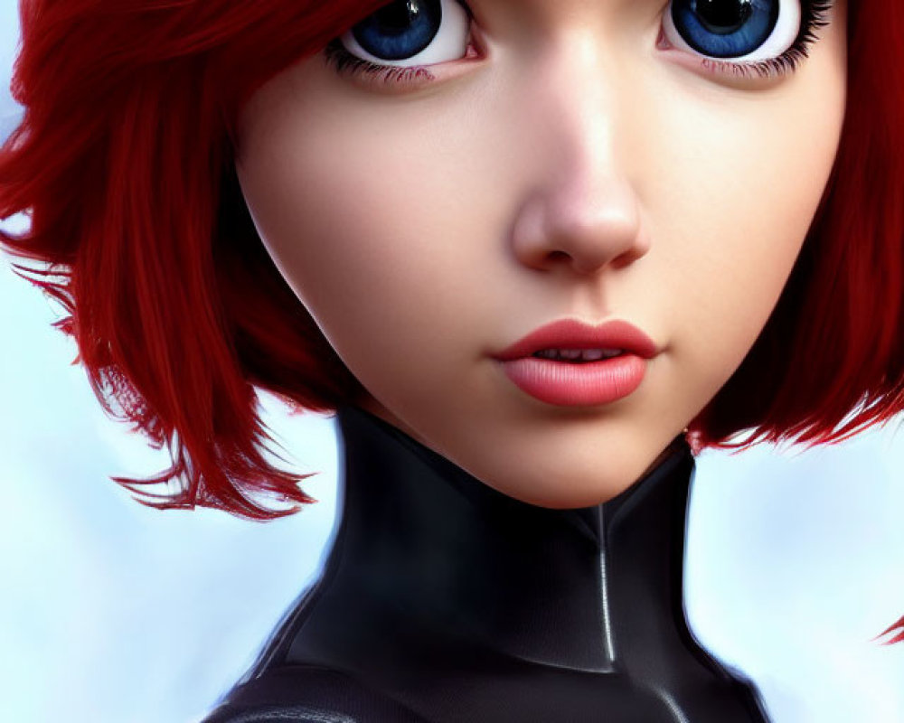 Digital portrait: Female character with red hair, blue eyes, black suit with glowing blue lines