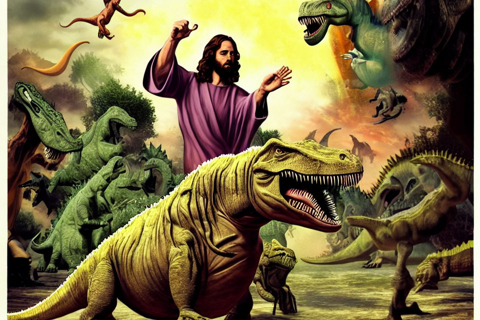 Man in historical clothing with dinosaurs in prehistoric landscape